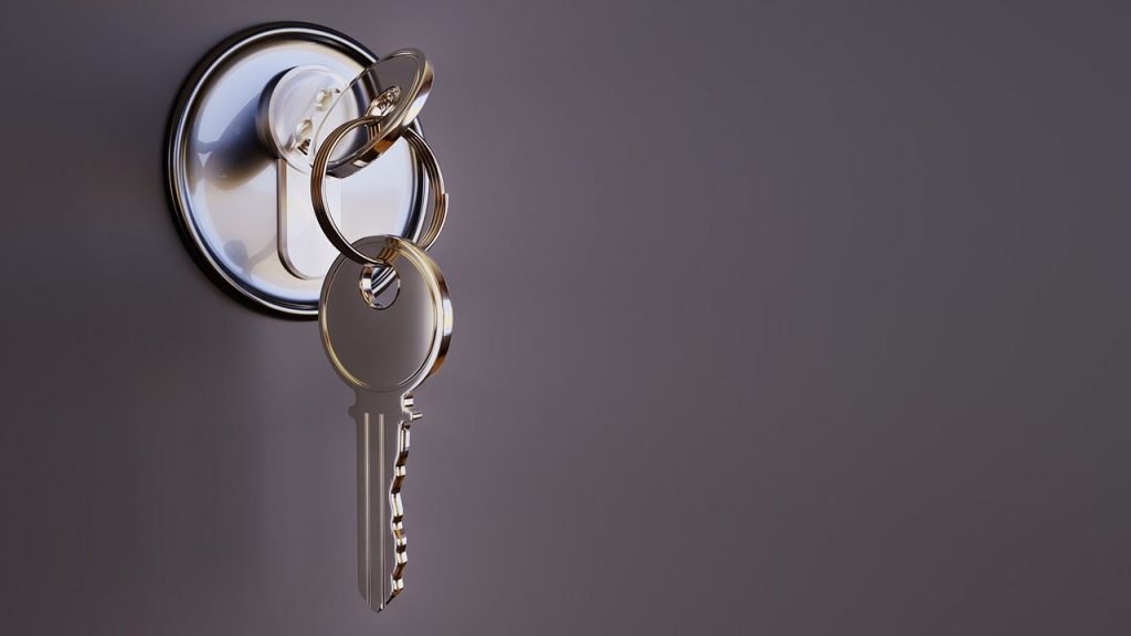 A key inserted in a lock